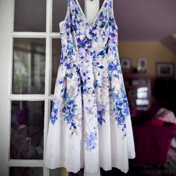 RALPH LAUREN A-LINE DRESS Sleeveless White with Blue Floral Print Sz. 14 - Picture 2 of 10